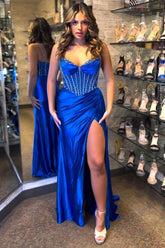 Glitter Royal Blue Satin Mermaid Spaghetti Straps Long Corset Prom Dress with Beading